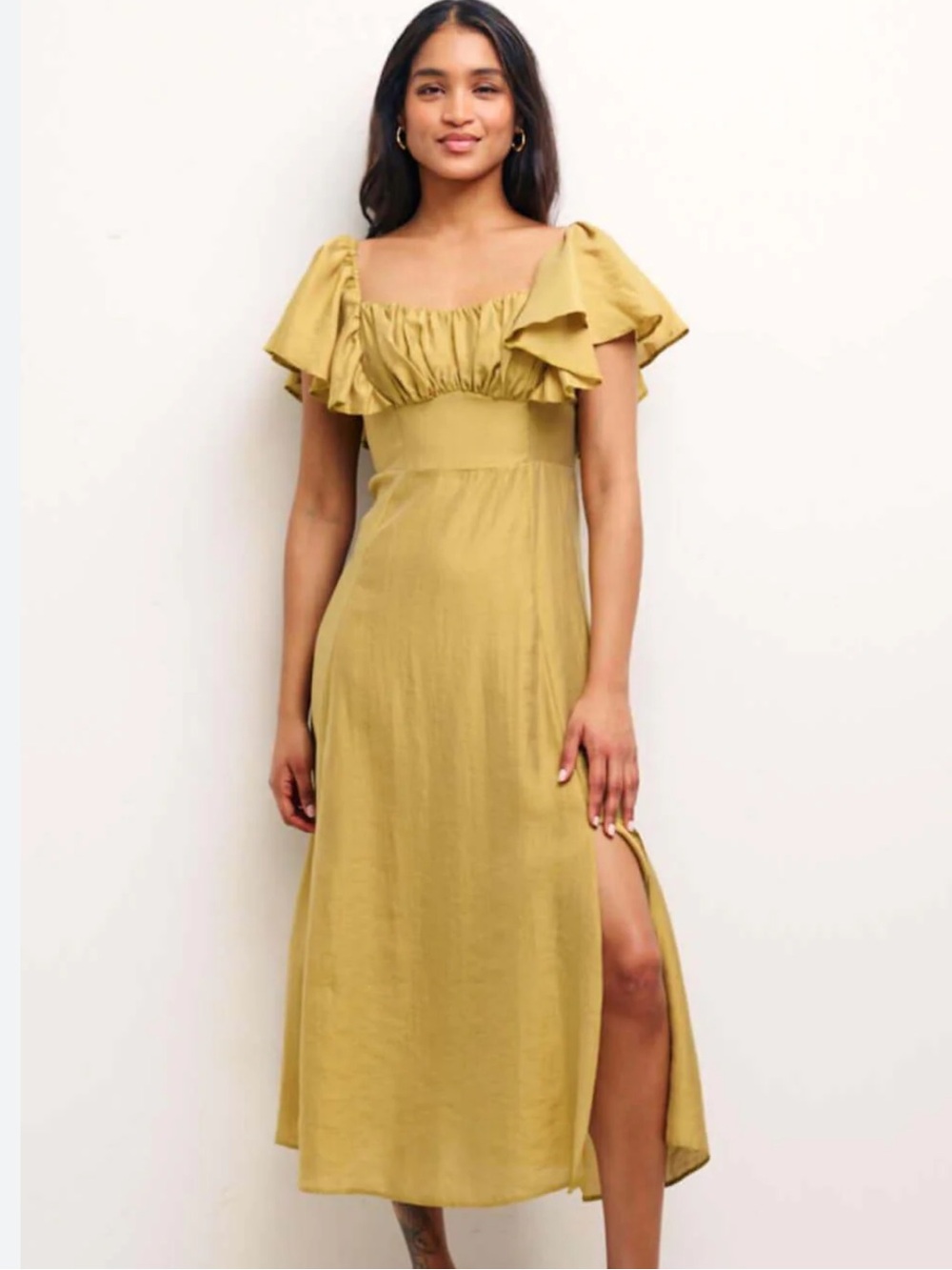 Nobody's Child Olive Green Women’s Dove Midi Dress with Ruffle Sleeve